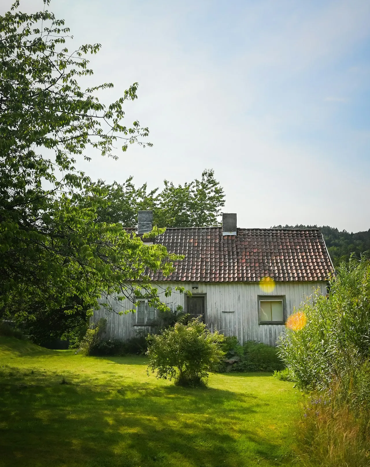 Trehus med takstein og piper, omgitt av trær